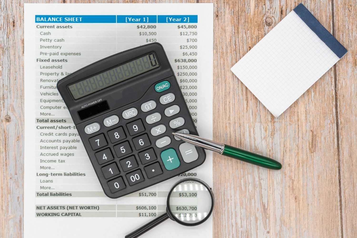 Balance Sheet with calculator - restaurant bookkeeping